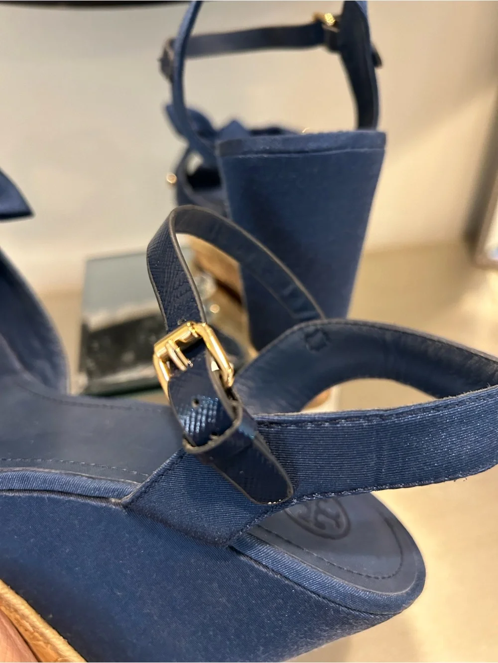 Tory Burch Navy Bow Espadrille Wedge Sandals